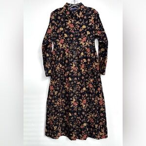 Vintage Corduroy Floral Long Sleeve Modest Prairie Cottage Button Down Dress SM